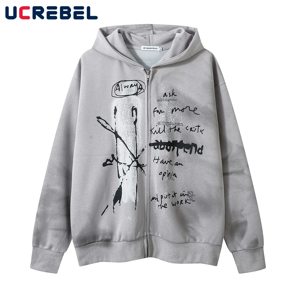 Letter Print Washed Distressed Hoodies Mens Autumn High Street Loose Long Sleeve Zipper Fly Hooded Sweatshirts Men Outerwear