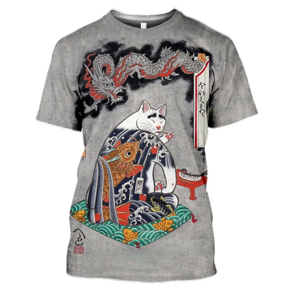 

Japan Samurai Cat Graphic Men's T Shirts Cool Classic Art Style Fashion Print Tees Summer Casual O-neck Short Sleeve Loose Tops