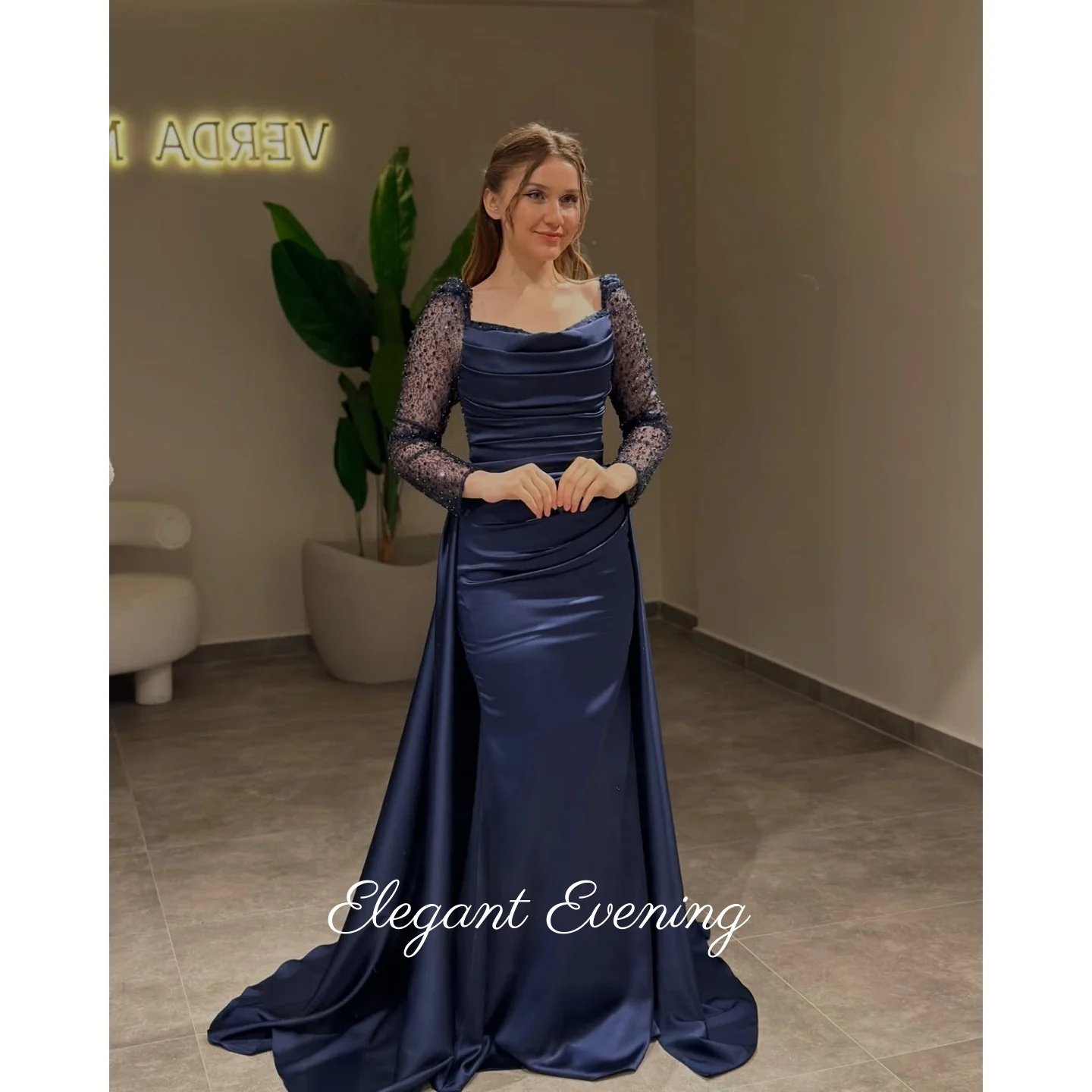 

Dark Blue Prom Dresses Sequins Long Sleeves Romantic Beads Sequined Evening Dresses Formal Party Dresses 2026 Customized Dress