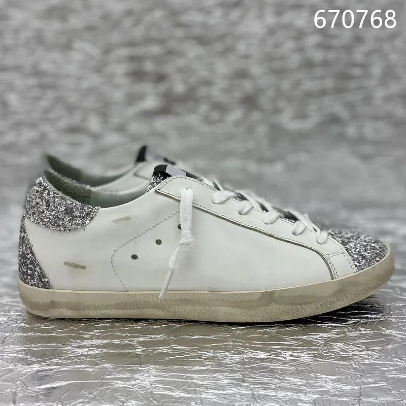 

Classical Shoes Designer Women's Sneakers Silver Glitter Leopard Suede Real Leather Style Shoe