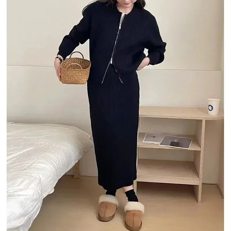 Fashionable Women\'s Double Zipper Woolen Dress Two-piece Set Casual Loose Autumn and Winter New Half Skirt Knitted Cardigan