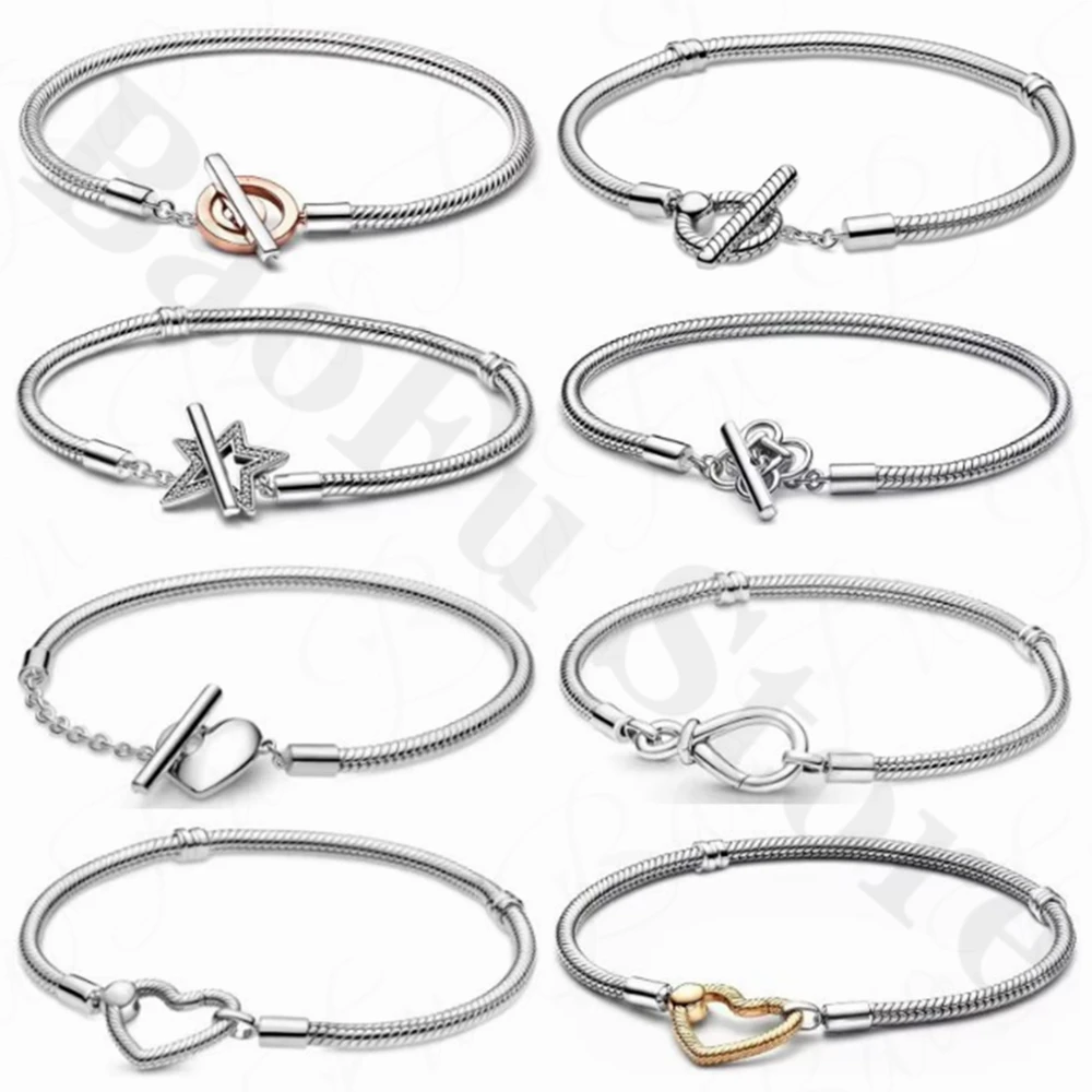 

New 925 Sterling Silver Bracelet with Five Pointed Star Heart Buckle and Infinite Snake Bone Chain Suitable for Women's Jewelry