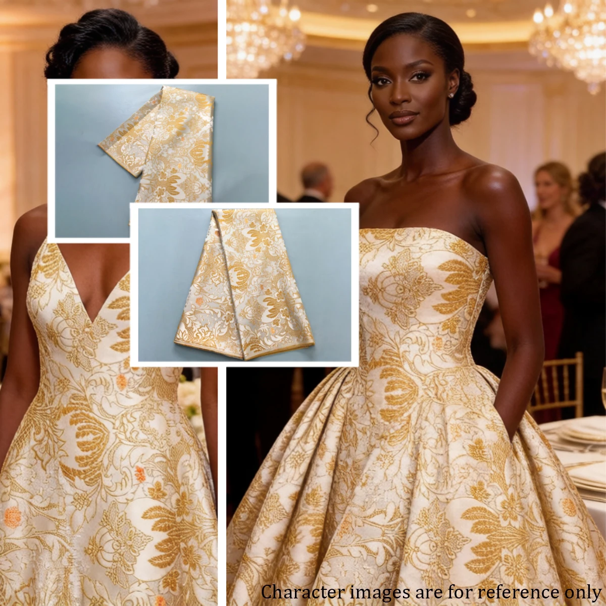 Afrikanischer Brokat-Jacquard-Spitzenstoff – cremefarbene Elfenbeinbasis mit zartem goldenem Blumenrankenmuster für Kleider, Blusen, Brautmode & Dekorationen