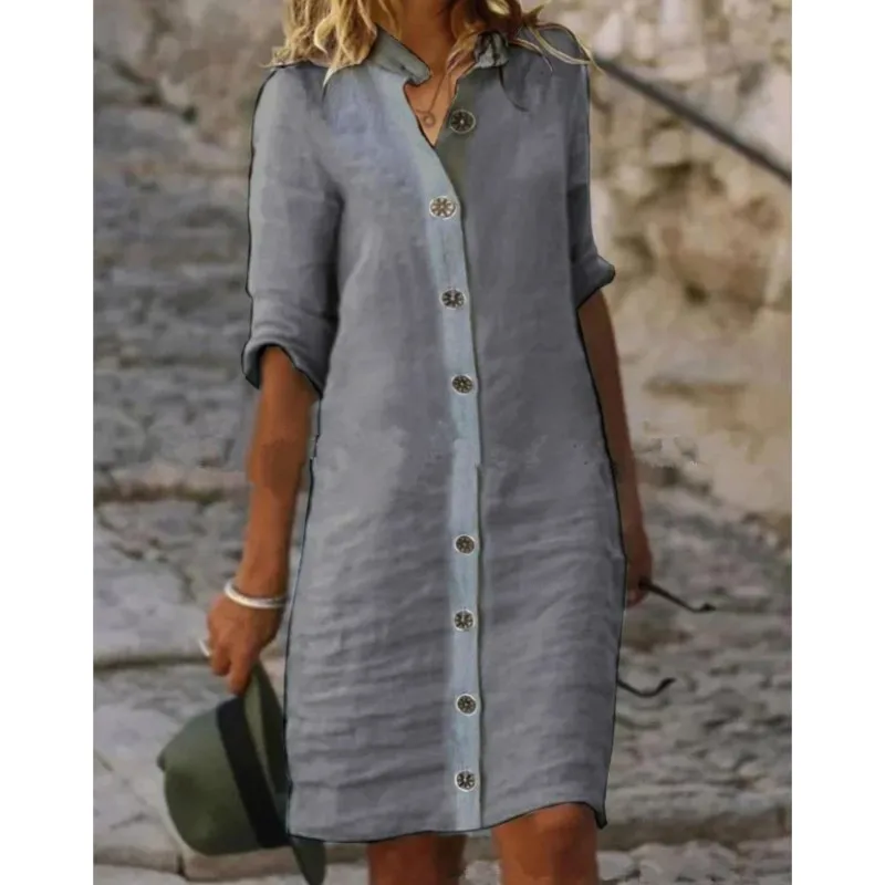 Women's Solid Cotton Linen Mini Shirt Dress Summer New Fashion Single Breasted White Dress Ladies Casual Holiday Vestidos Dress