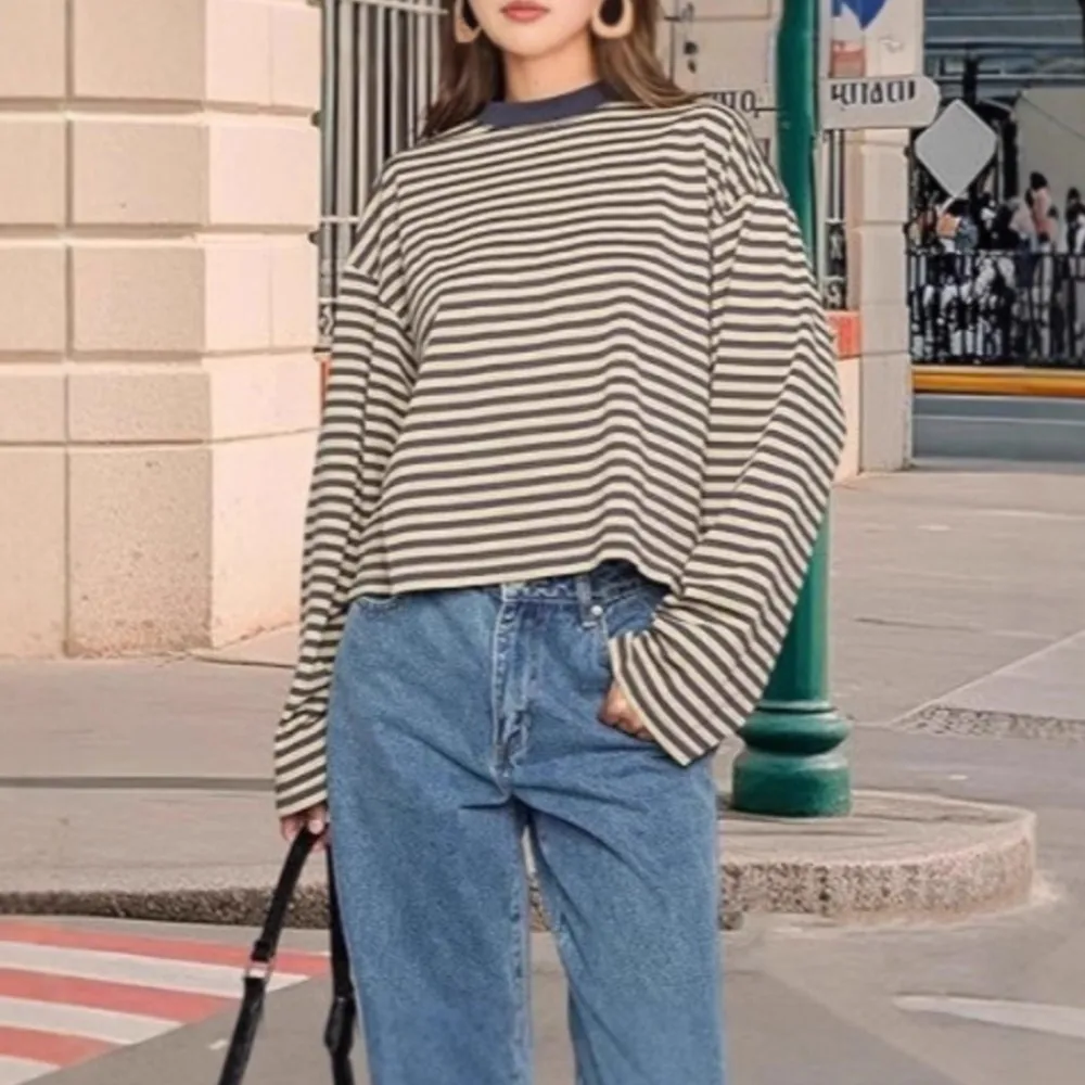 Women's Casual Printed Striped Long-sleeved T Shirt Spring And Autumn Fashion Loose Retro Simple And Versatile Female Tops 2025