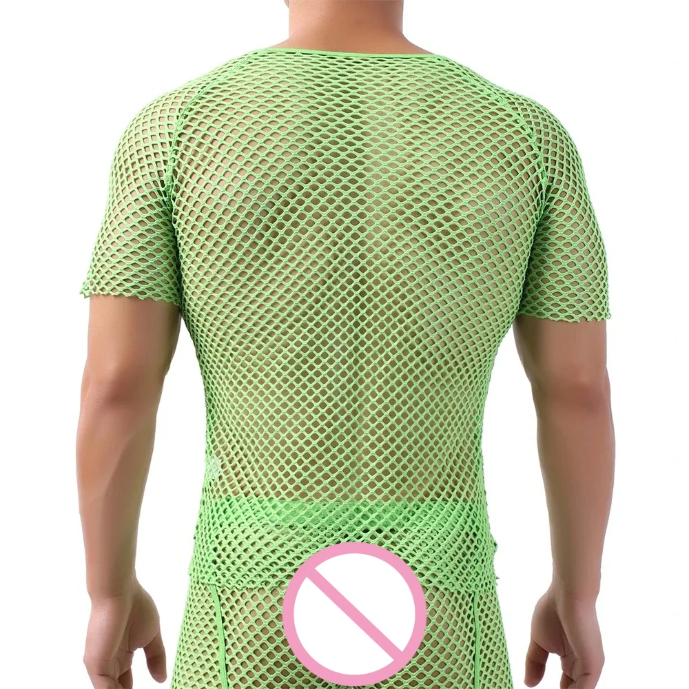 Mens Short Sleeve Sexy Mesh Sheer Fishnet Tops Solid Color Stretchy Undershirts Summer Hollow Out T-Shirts Muscle Slim Fit Tees