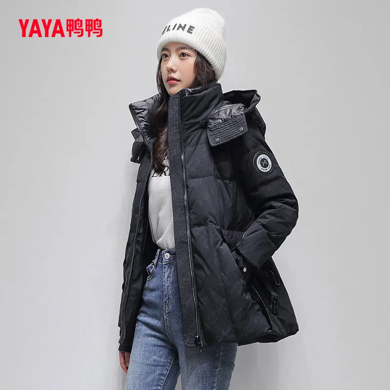 YAYA 2022 Women\'s Down Jacket Detachable Hood Waist Belt Retraction Fluorescence Fabric Winter Ladies Overcoat Padded Parka