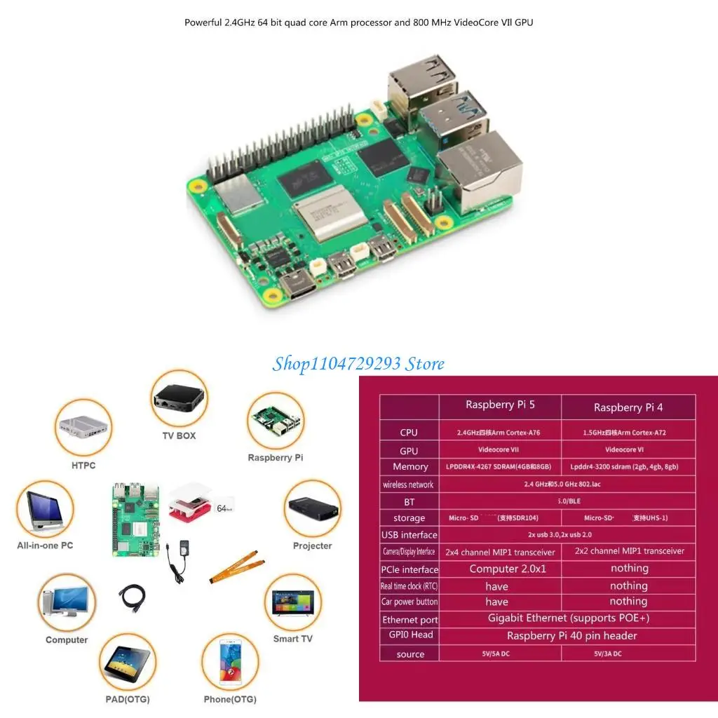 

Y2GD для RPI 5 Плата ARM A76 64BIT BOARD BASIC WIRELESS-CLEATIBLE 5.0 с 2X USB3.0 2x USB2.0 40PIN HEADER