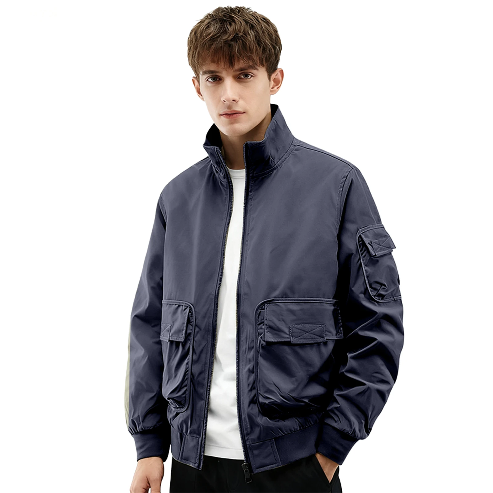 

Winter Men'S Casual And Fashionable Outdoor Standing Collar Flying Jacket Multi Pocket Solid Color Zipper Jacket