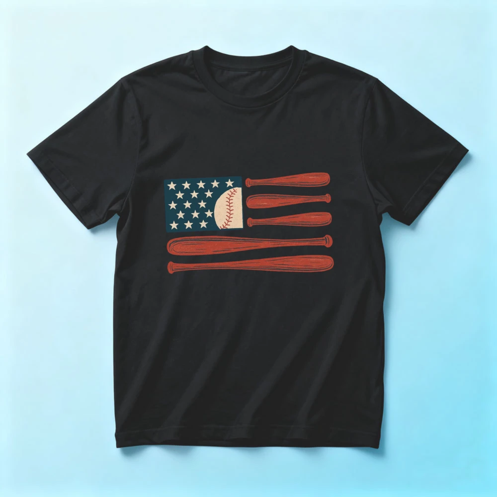 Baseball American Flag Graphic Shirt Retro Hand Drawn Baseball Bat Stripes Baseball Lover Patriotic 4th of July Casual Daily Tee