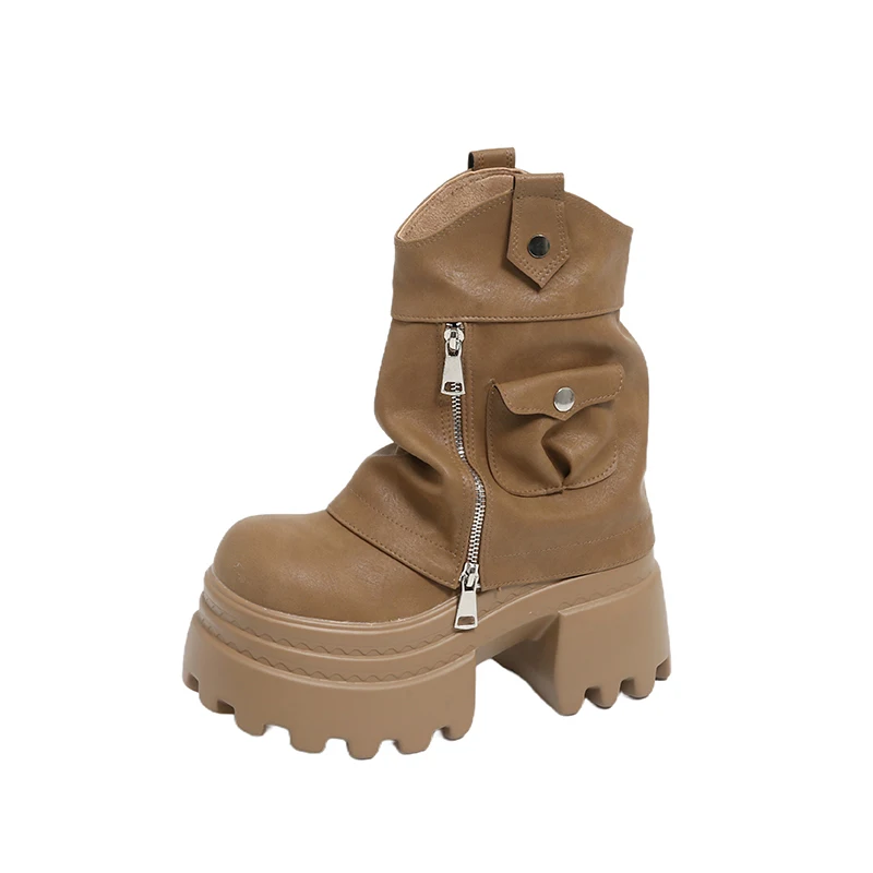 منصة عالية الكعب الأحذية النسائية مصمم أحذية من الجلد الشتاء البريدي تشيلسي أحذية بوت قصيرة 2025 الاتجاه دراجة نارية الأحذية امرأة مضخات #6