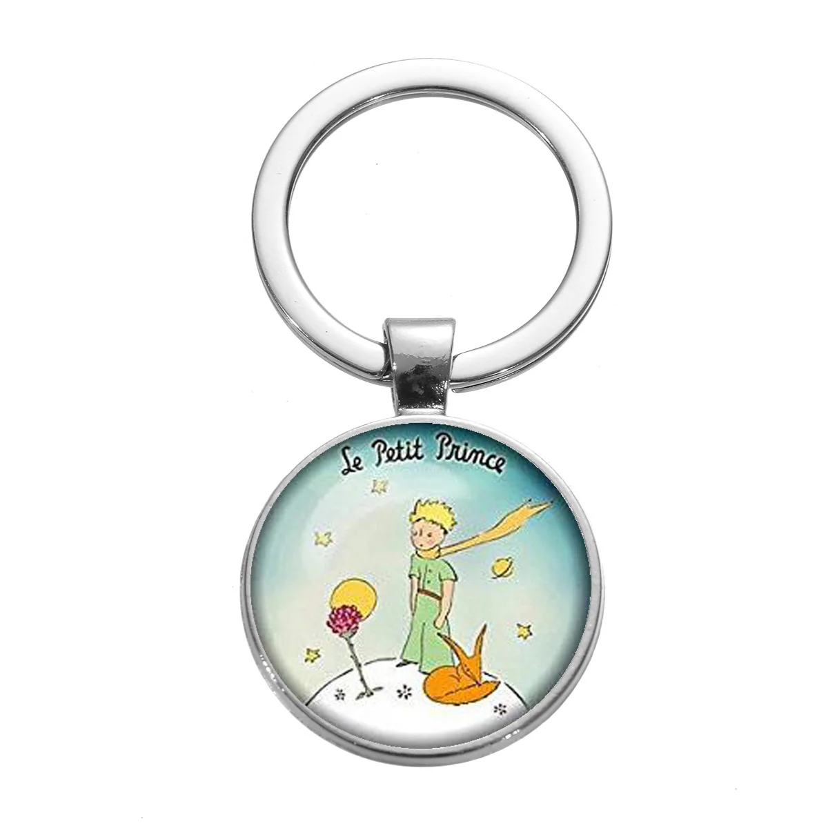 Little Prince and Fox Rose Logo Glass Dome Pendant Keychain Key Ring Jewelry Gift Don't Be A Boring Adult Le Petit Prince