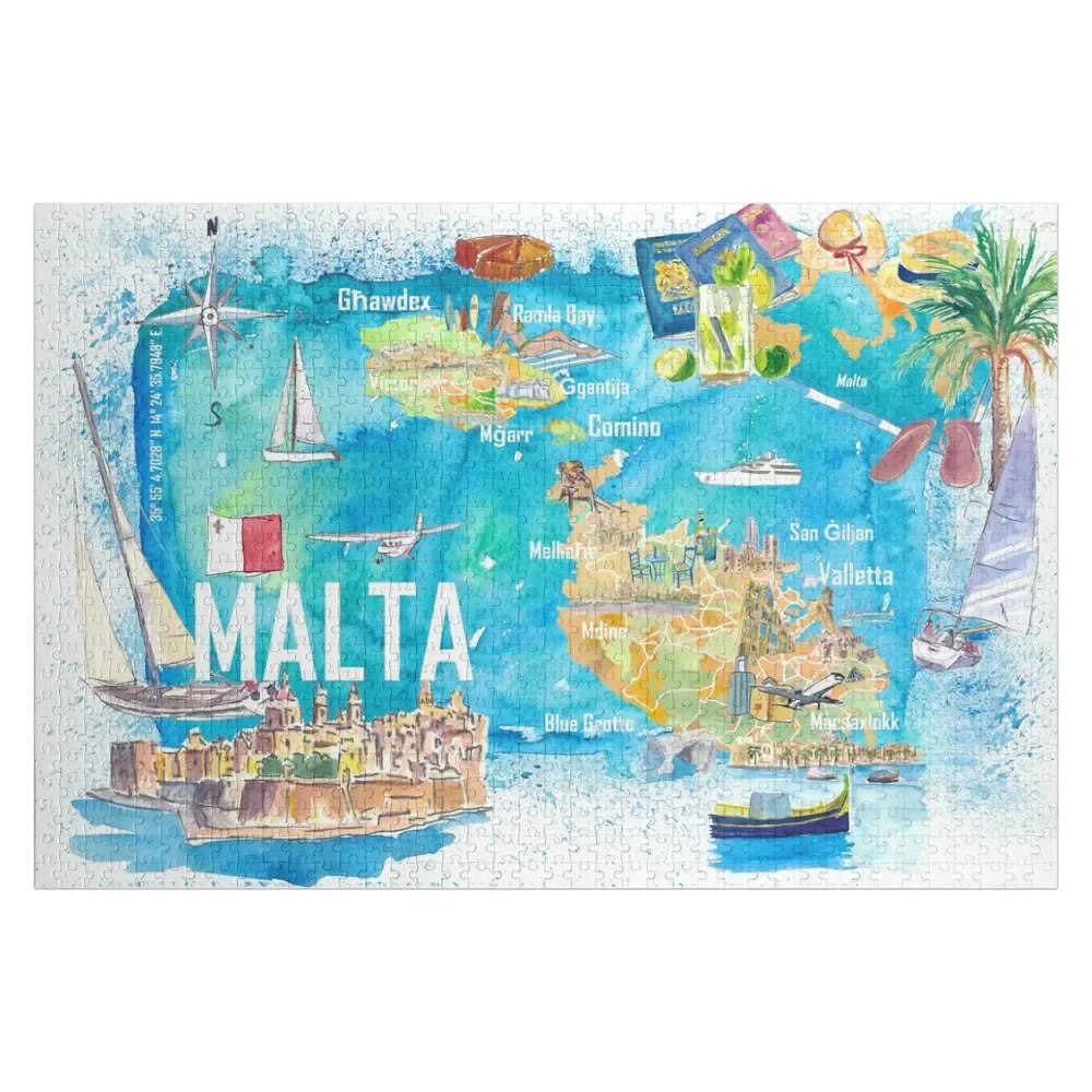 

Malta Illustrated Island Travel Map with Roads and Highlights Jigsaw Puzzle Personalized Child Gift Puzzle