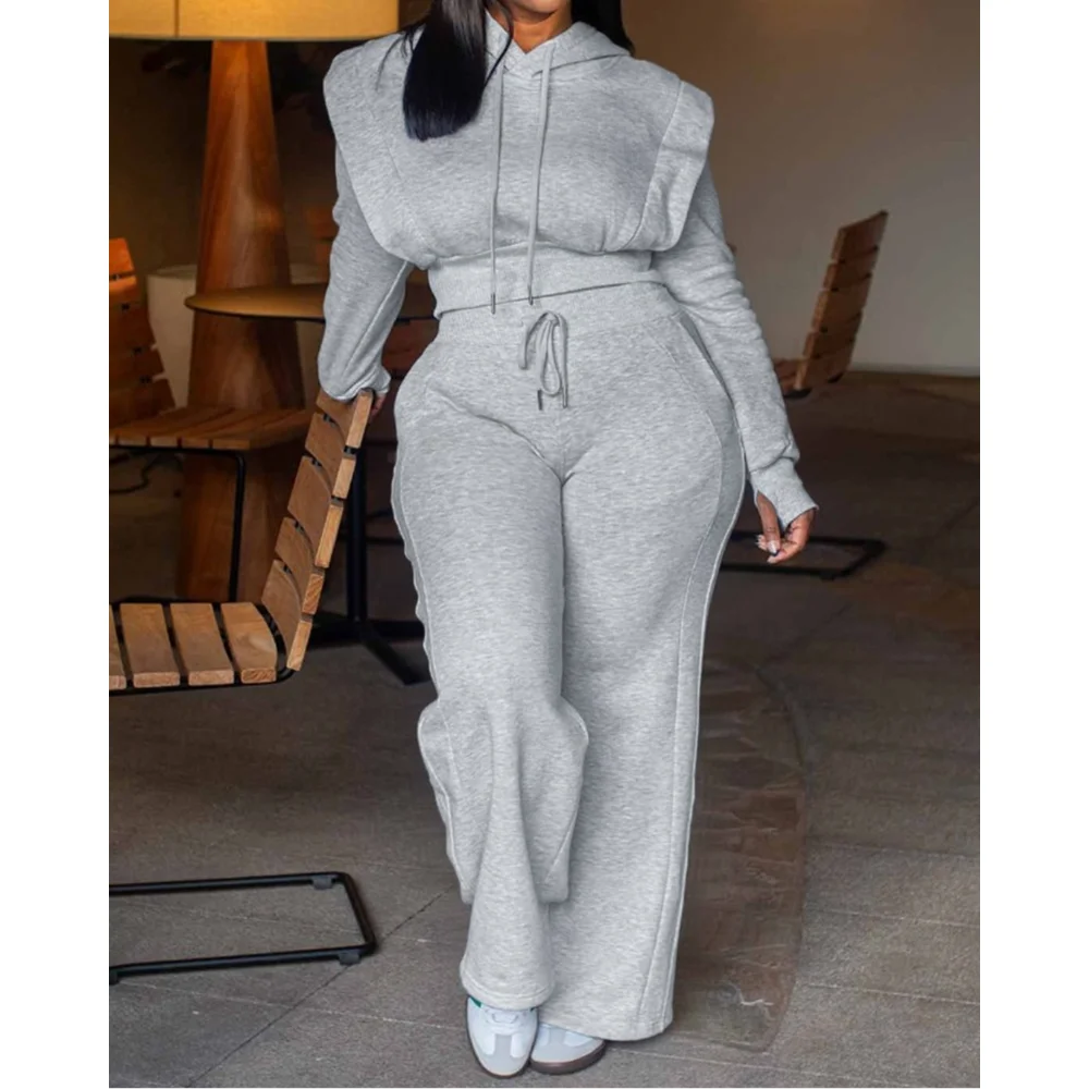 

Elegant Two Pieces Tied Detail Hooded Long Sleeve Sweatshirt and Casual Wide Leg Sweatpants Set for Women Autumn Winter