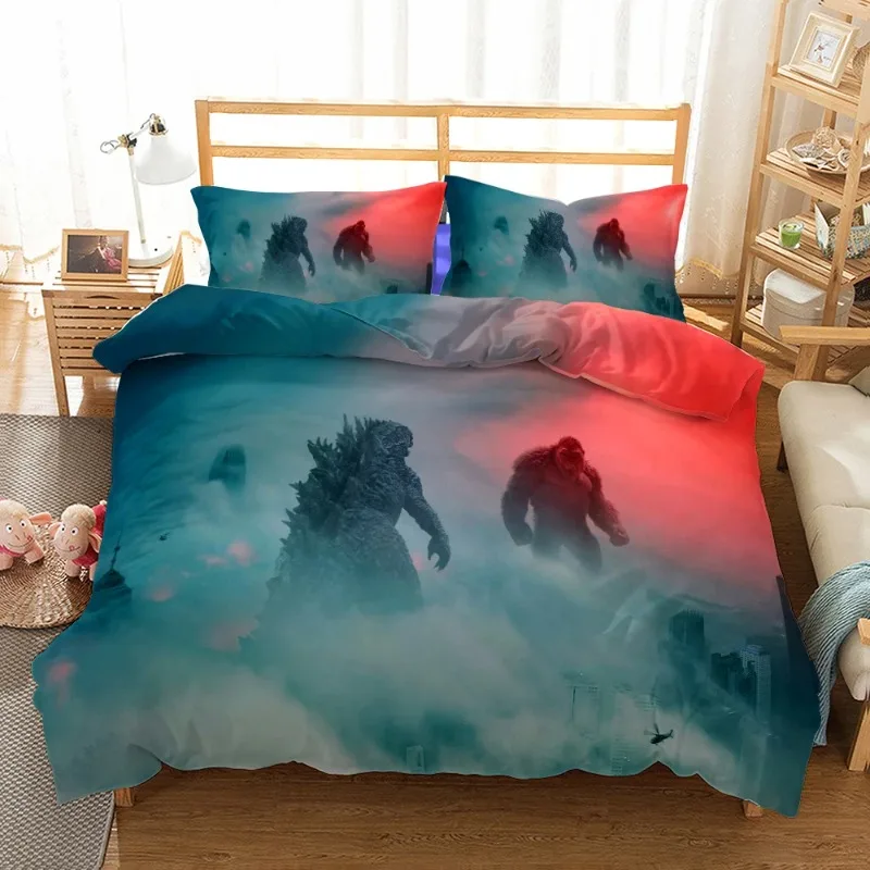 

3pcs/set Godzilla Vs Kong Movie Cartoon Print Bedding Set Quilt Cover Pillowcase Mothra Godzilla Kingkong Bed Linen Gift