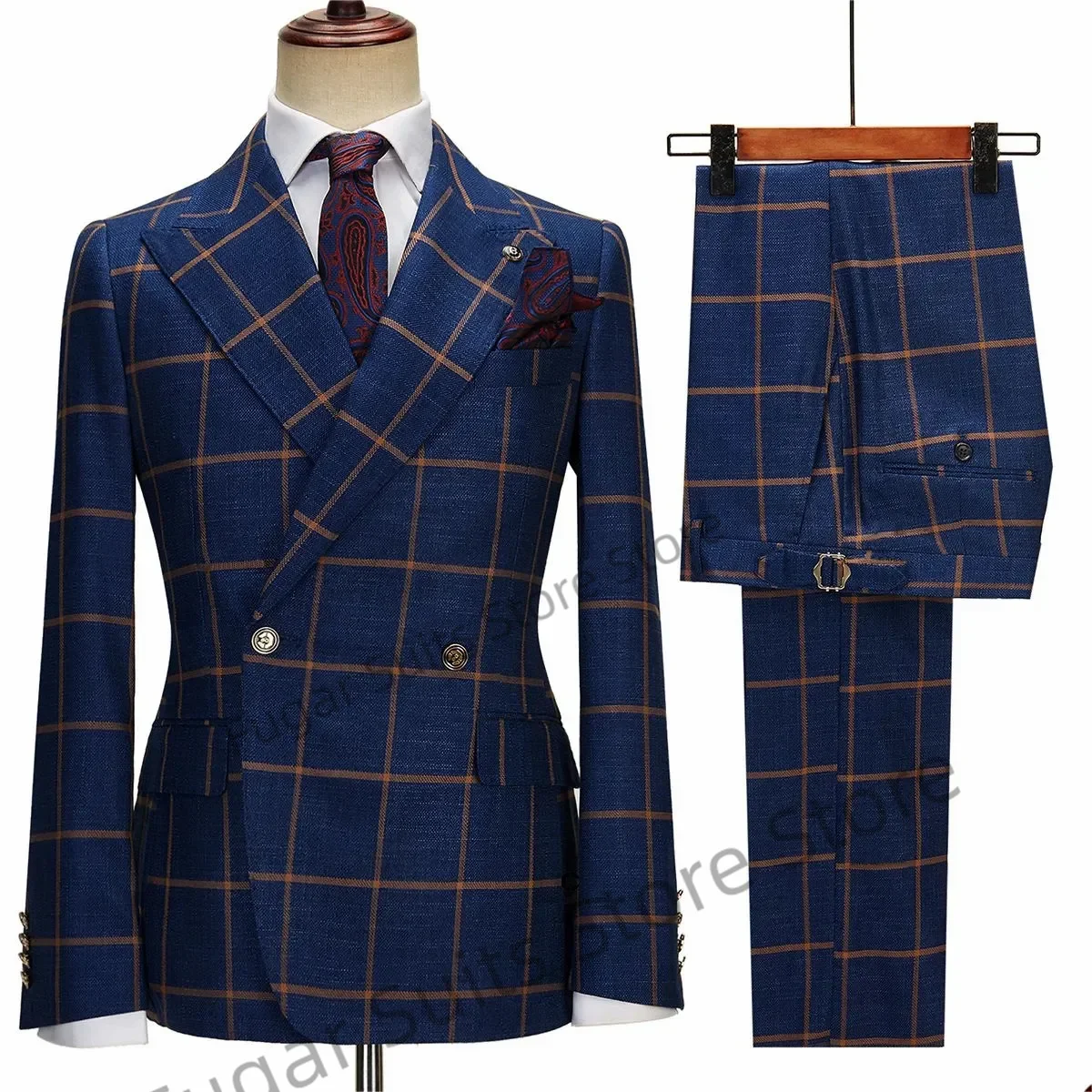 

Navy Checked Wedding Men Suits Slim Fit 2 Pieces Sets Peaked Lapel Blazers Double Breasted Formal Suit With Jacket And Pants