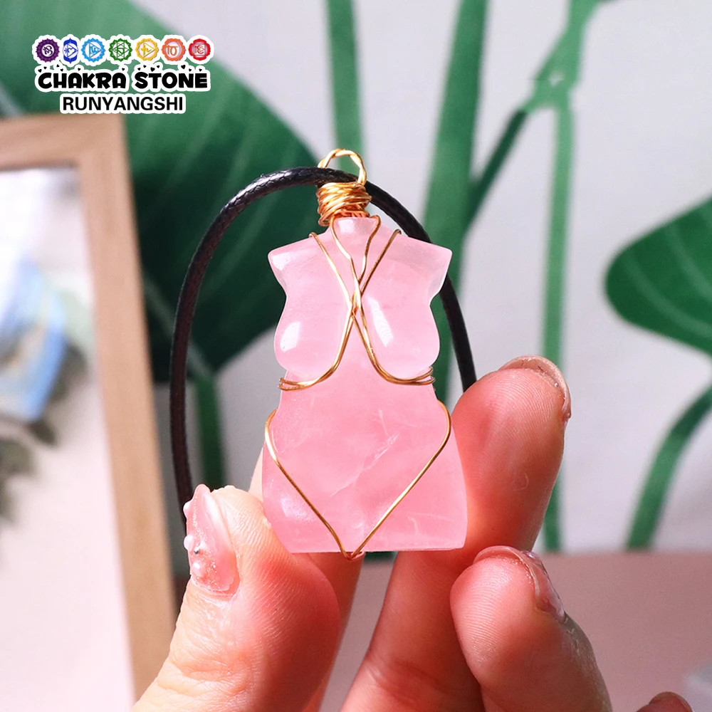 Handmade 1pc Natural Reiki Gemstones Rose Quartz Sexy Female Model Pendant Healing Crystal Body Figurine Necklace Sweater Chain