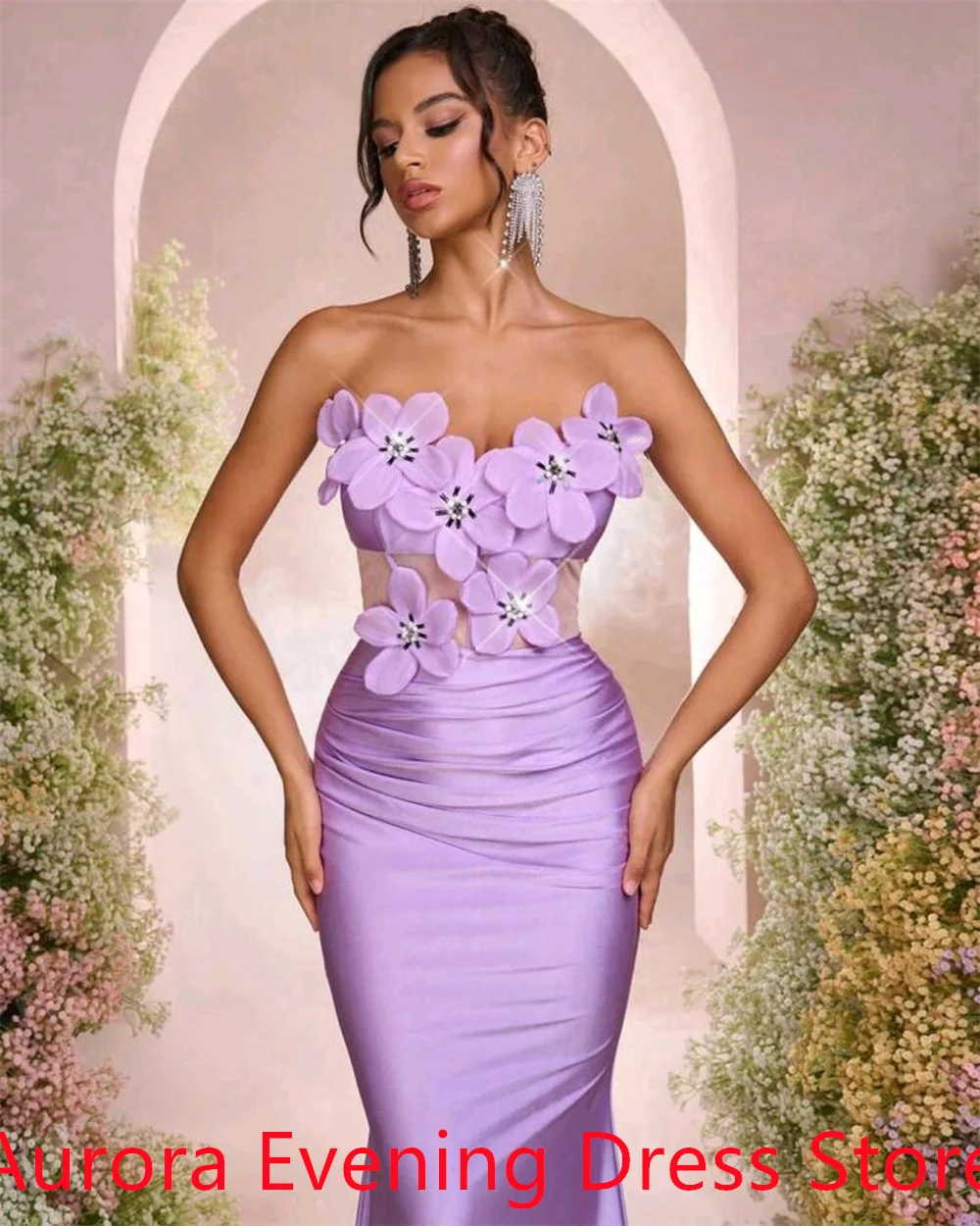 Индивидуальное темпераментное фиолетовое атласное платье для встречи выпускников, нежное платье без бретелек с цветами и кристаллами русалки на молнии сзади, Vestido De Festa