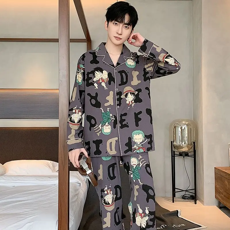 One Piece Monkey D. Luffy Roronoa Zoro Men\'s Sleepwear Spring and Autumn Cotton Long Sleeve Thin Cartoon Home Furnishing Set