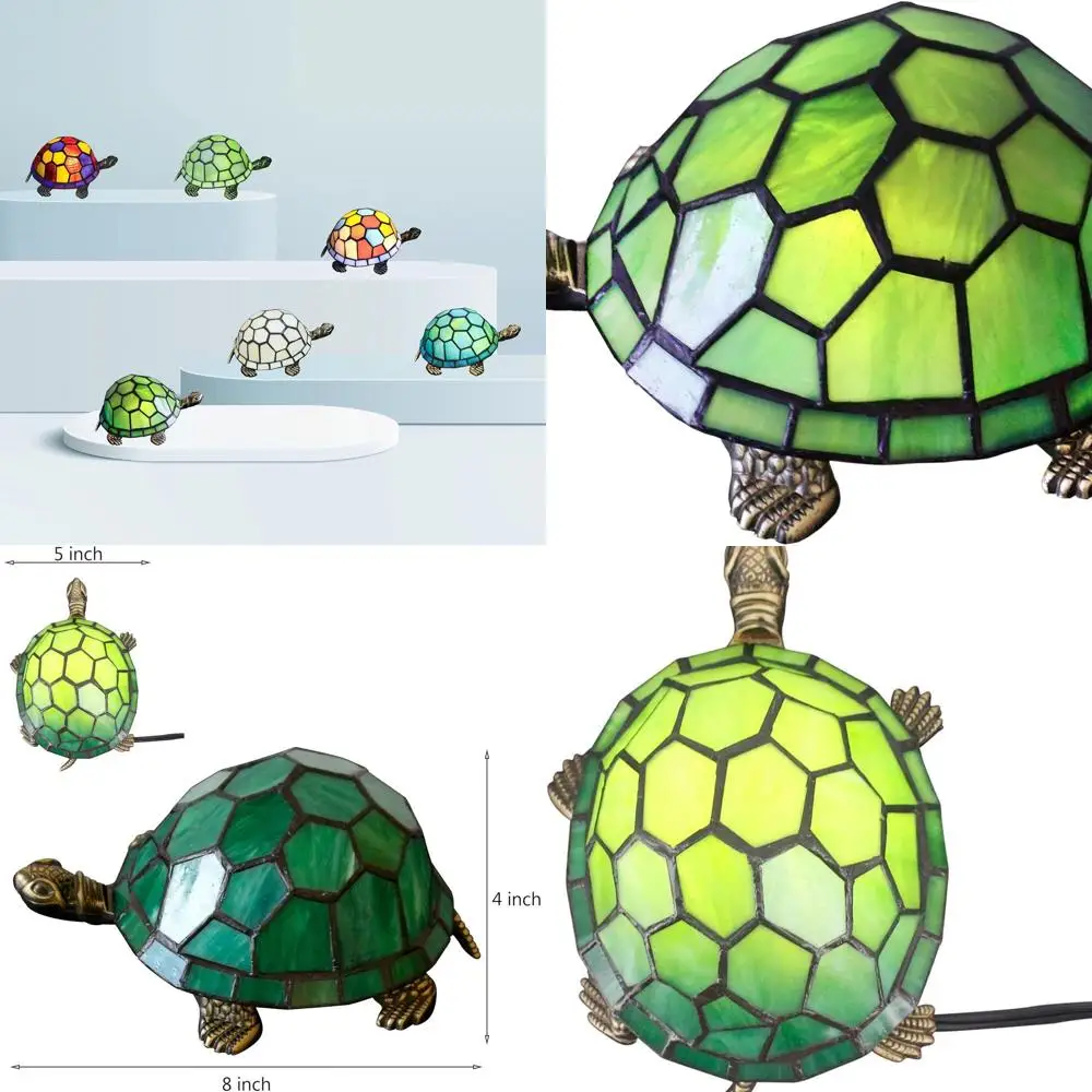

Green Turtle Stained Glass Desk Lamp, Small Antique Accent Light, 8x5x4 Animal Design