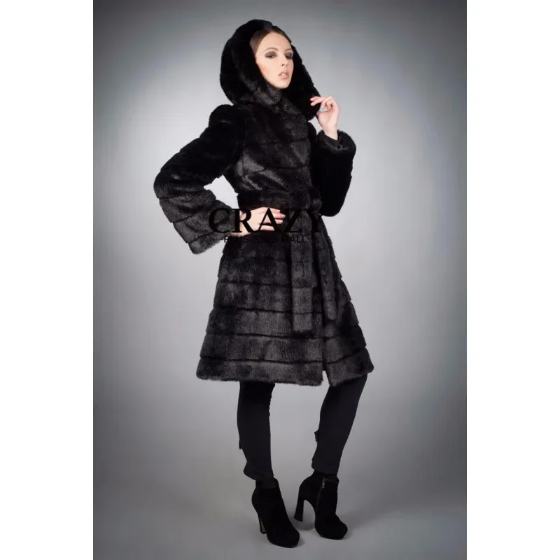 2024 Autumn/Winter New Sunday Angora Yarns Women's Hooded Overcoat Artificial Fur Jacket Korean Style Leather Coat