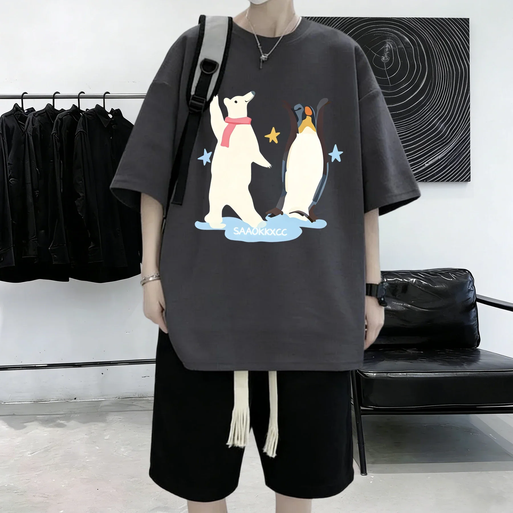 Penguins And Polar Bears Dance Together Prints Mens Cotton Casual T-Shirt Summer Crewneck Streetwear Fashion Loose Short Sleeve