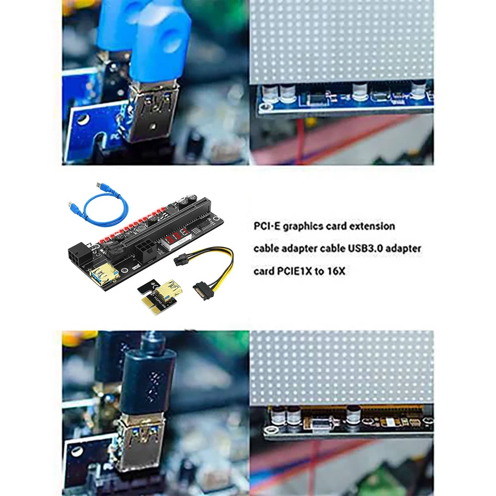 

PCIE Riser 1X To 16X Graphic Extension Card With 3.3V Digital Meter Display And 3528 Colorful LED For BTC Mining-POS