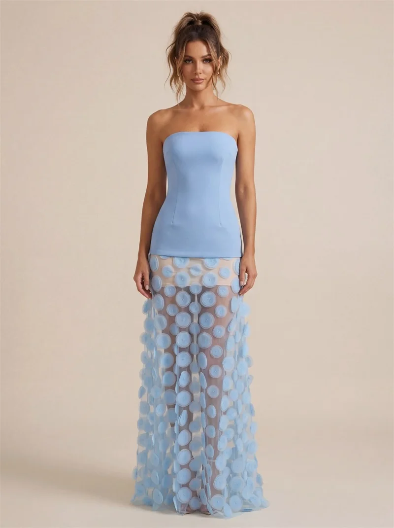 

Light Blue Prom Dress Sexy Sleeveless Strapless Beach Holiday Sheer Party Gown Formal Wedding Guest Birthday Evening Robe