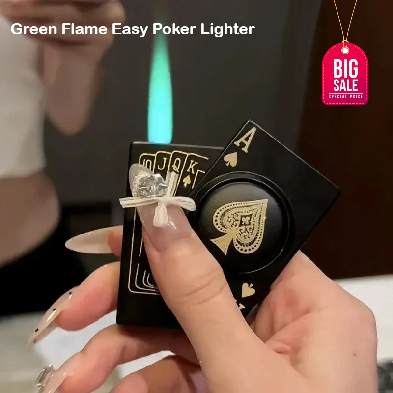 Poker Ace of Spades Green Flame Gas Lighter Turntable Decompression Windproof Butane Lighter Funny Cigarette Lighter Smoking