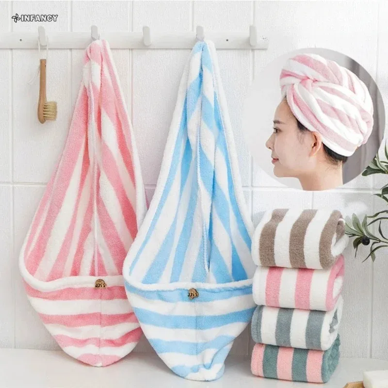 

1PC Microfiber Strong Absorbent Microfiber Dry Hair Towel Absorbent Quick Dry Striped Shower Cap Bathroom Accessories