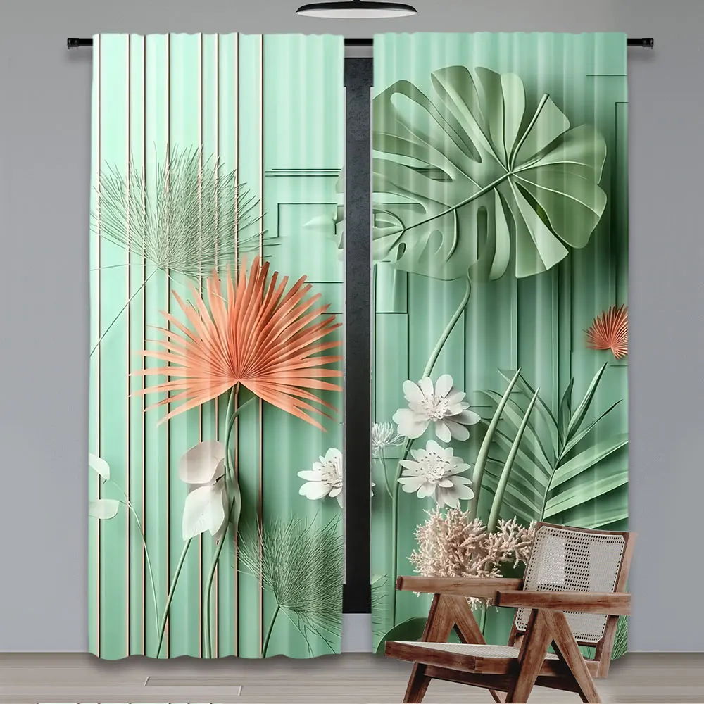 2Pcs Nature Green Curtain Jade Tones Abstract Exotic Leaves And Flowers With Modern Boho Lines For Bedroom Living Room And