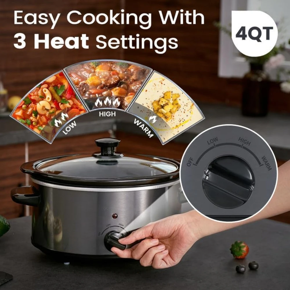 4 Quart Slow Cooker with Liners Included , 3 Temperature Settings & Dishwasher Safe Crock, Stainless Steel Slow Cookers