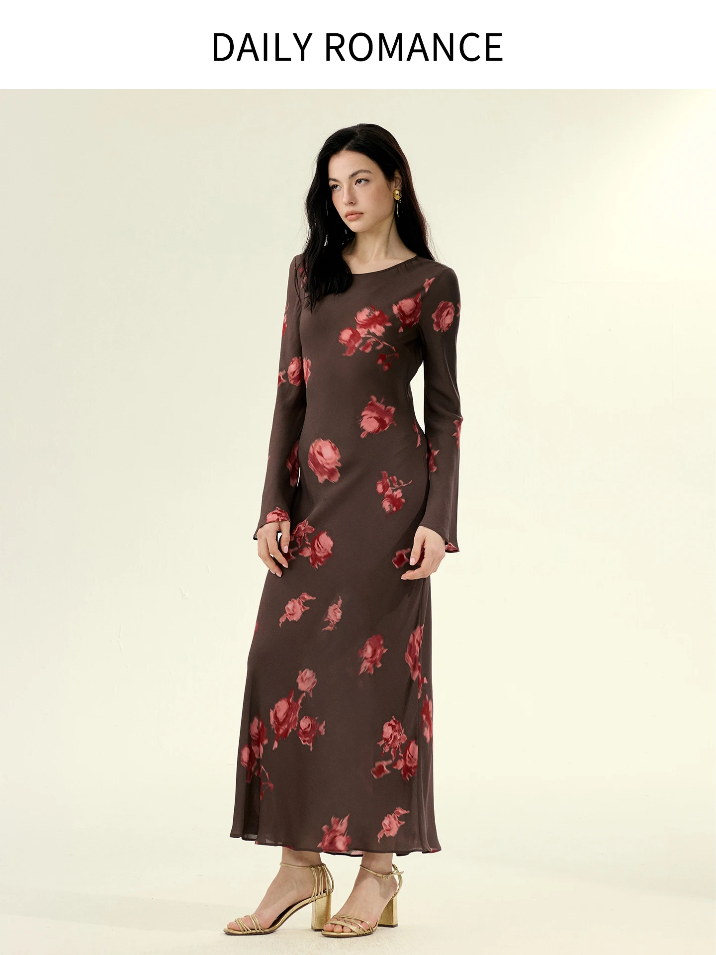 

Daily Romance Spring Rose Latte Strap Dress Vintage V-neck Shirt Series Women's Gentle Style Silk Printed Bodycon Dress
