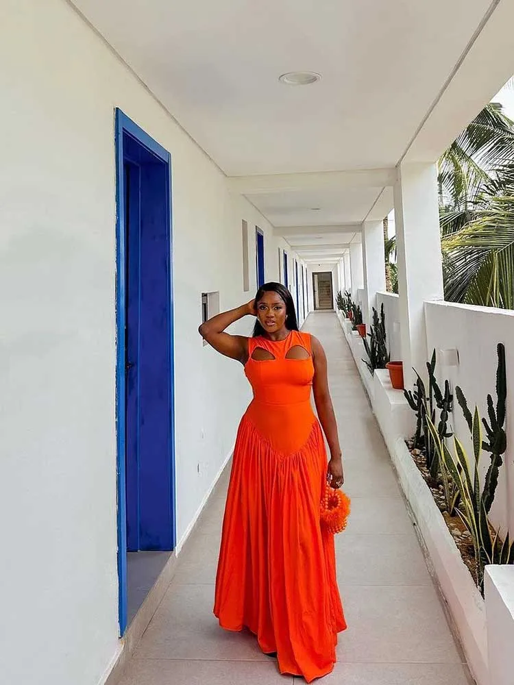 فستان طويل مجوف للنساء ، طويل ، جميل ، برتقالي ، أنيق ، حفلة ، بيع بالجملة ، دروبشيبينغ ، الصيف