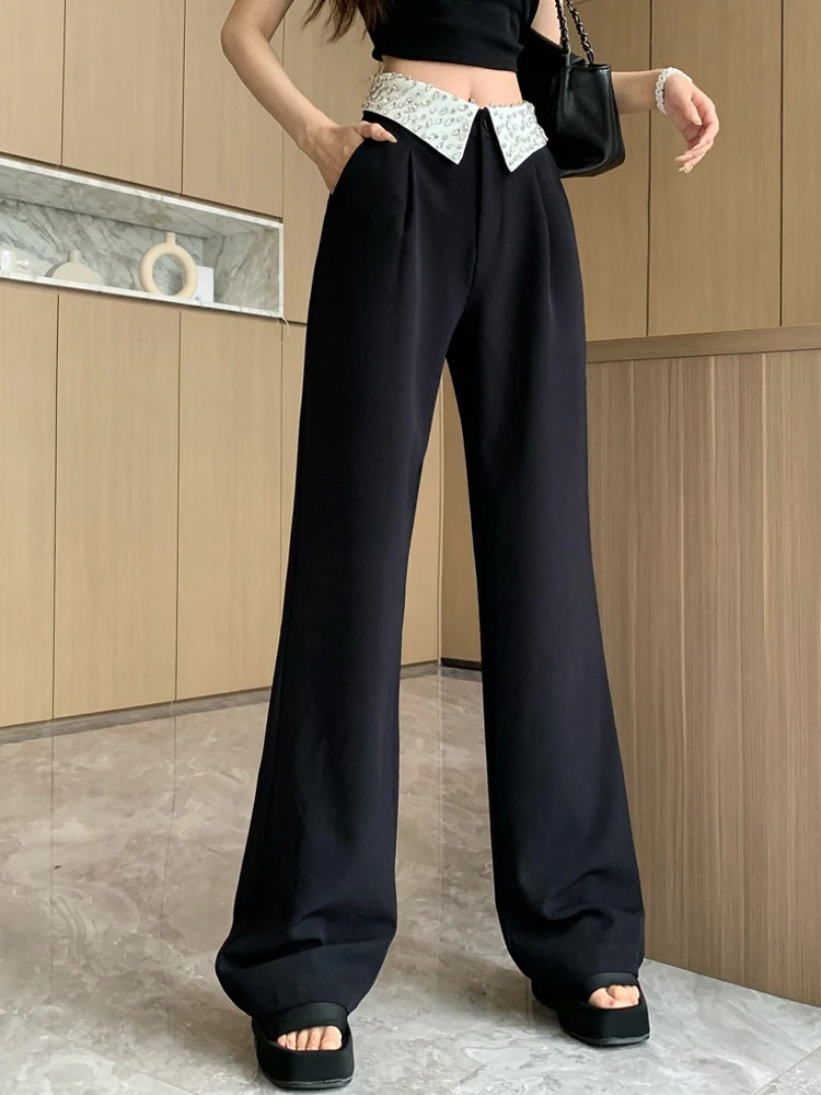 Heavy Industry Rhinestone Beaded Flanging Hot Girl Casual Pants Korean Fashion 2024 Spring High Waist Black Wide Leg Pants Women