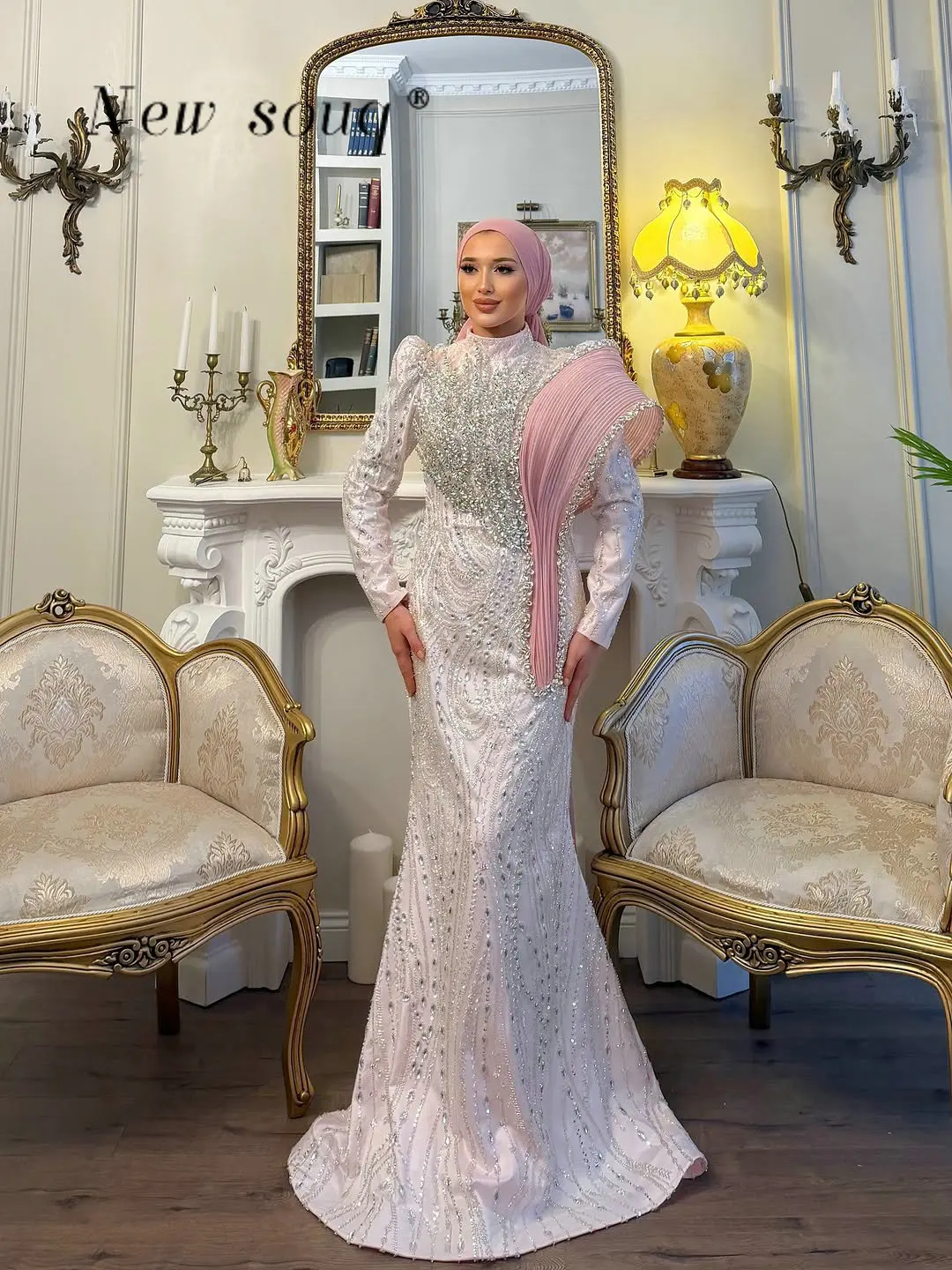 strapless open back dress Dusty Pink Chiffon Traditional Muslim Wedding Dress main image 1