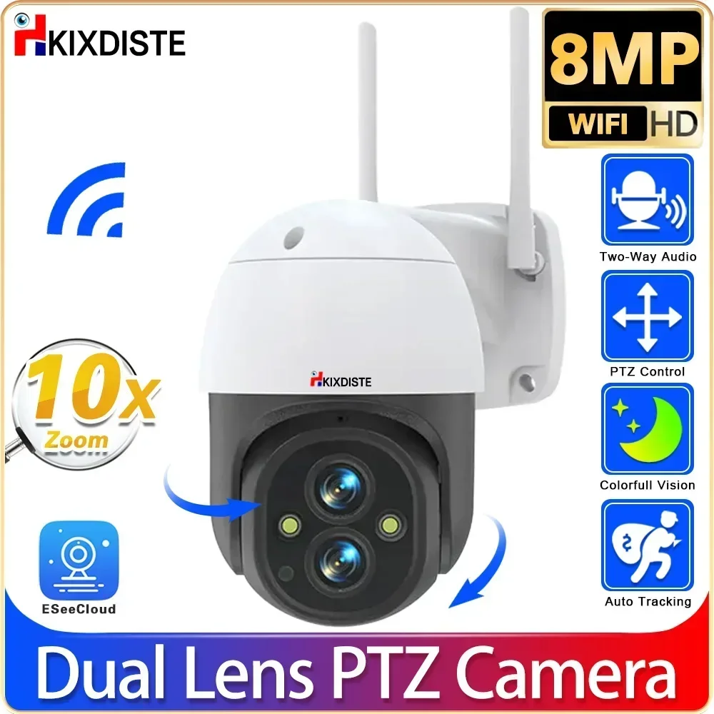 4K 8MP Wifi Camera PTZ Outdoor Dual Lens 10X PTZ Zoom Human Auto Tracking Security Protection Camera Two-Way Audio EseeCloud App