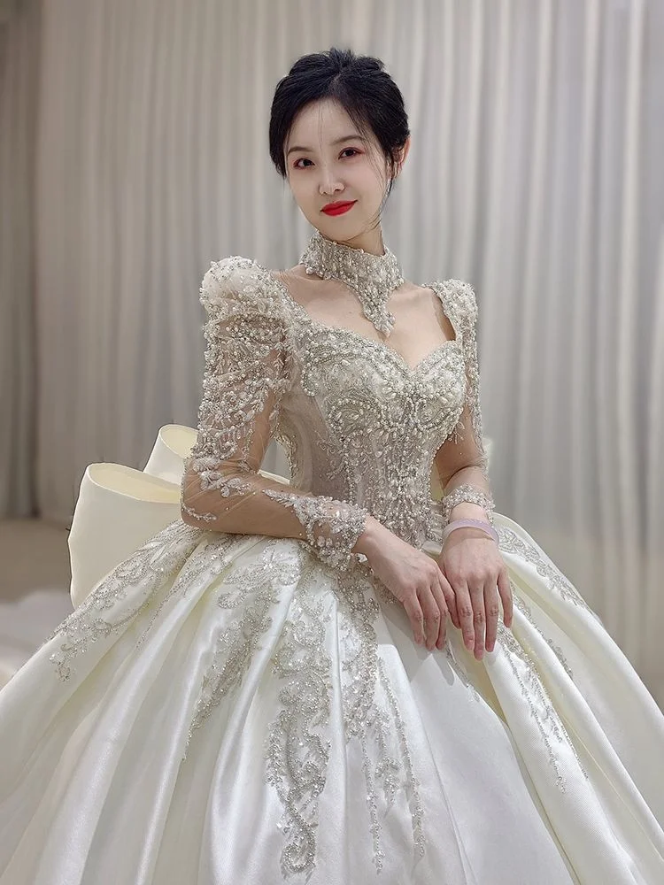 

Satin Wedding Dress New Bride Long Sleeve Heavy Duty Luxury White Wedding Gown Main Yarn Pregnant Women's Square Neck Slim Tail