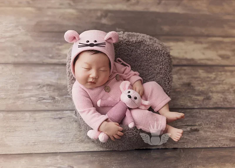 Newborn Photography Props Suit Knitted Cotton Jumpsuit Hat Mouse Doll Infant Photo Shooting Clothes Outfits  roupa bebe