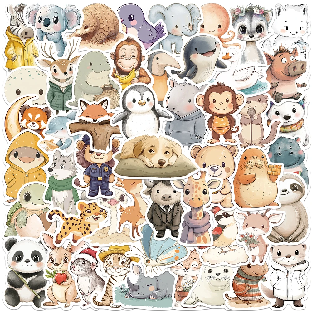 50pcs Retro Cute Cartoon Watercolor Animals Graffiti Stickers For Laptop Water Bottle Luggage Notebook Phone Waterproof Decals