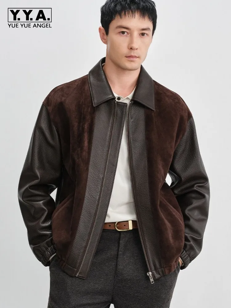 Vintage Mens Genuine Leather Jacket Long Sleeve Autumn Spliced Goatskin Business Casual High Quality Outerwear Men Designer Coat