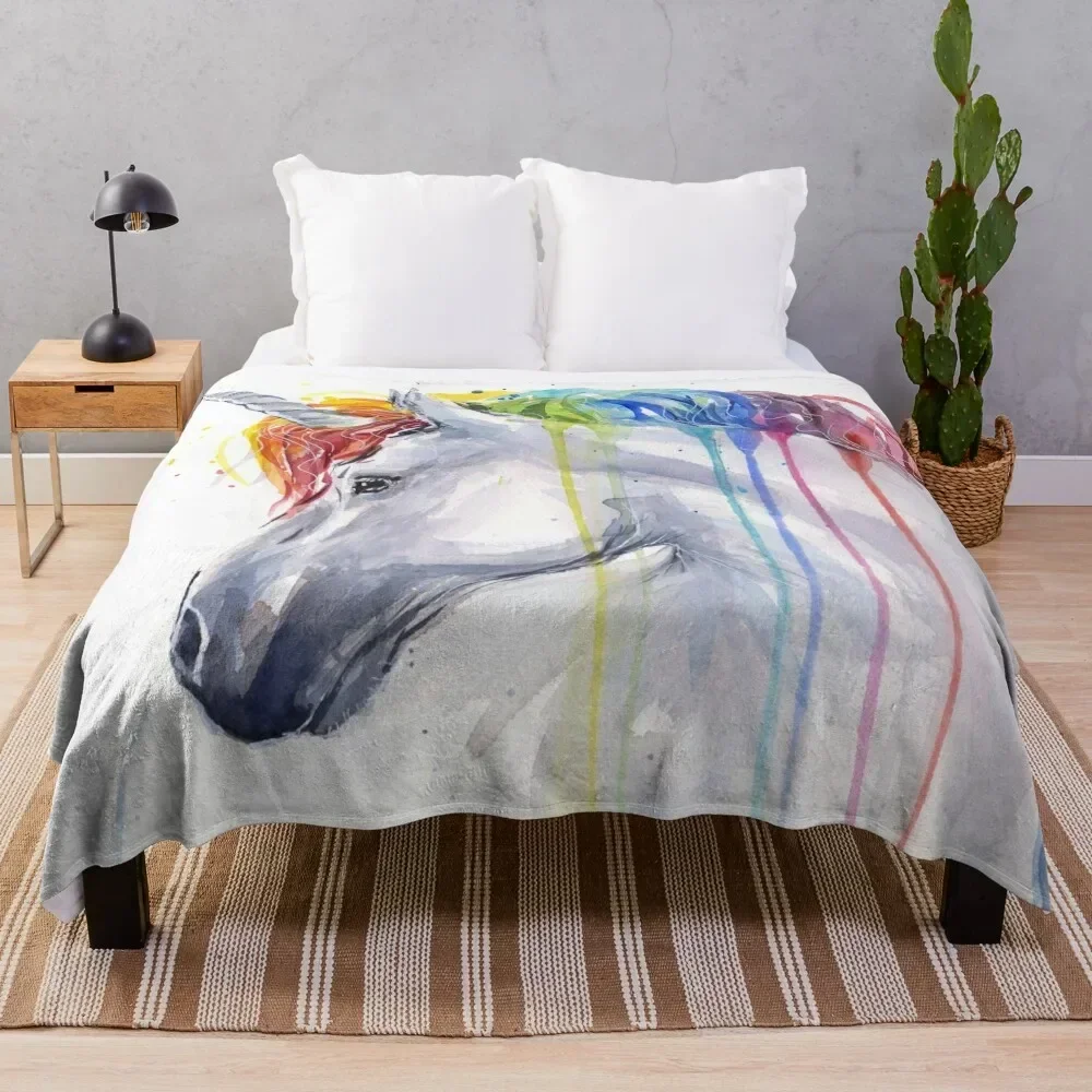 

Rainbow Unicorn Watercolor Throw Blanket Bed Hairy Cute Plaid Blankets