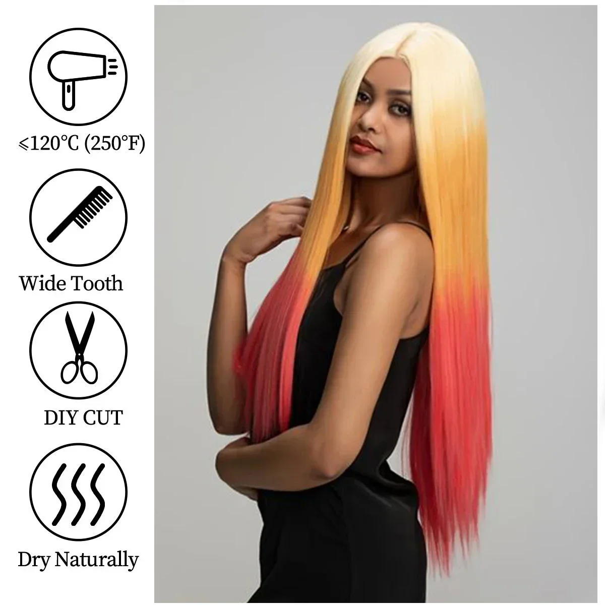 Ombre Blonde Red Synthetic Wig Long Natural Straight Lolita Hair Wig for Women Middle Part Fake Hair Wigs Heat Resistant Fiber