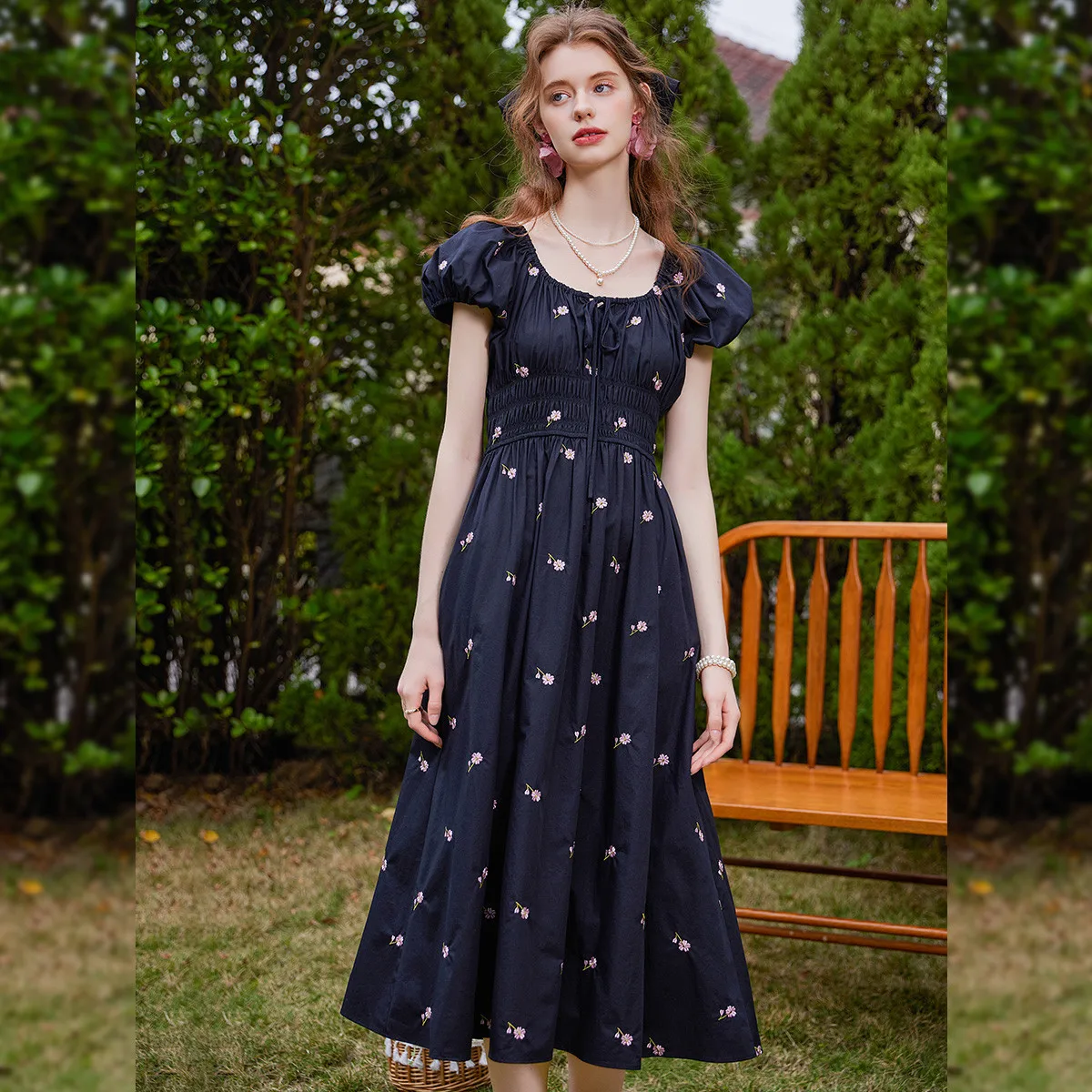 LOUIS YAO 2025 Summer Simple Square Neck Style Fashionable Non Elastic Cotton Embroidered Slimming Long Women's Dress