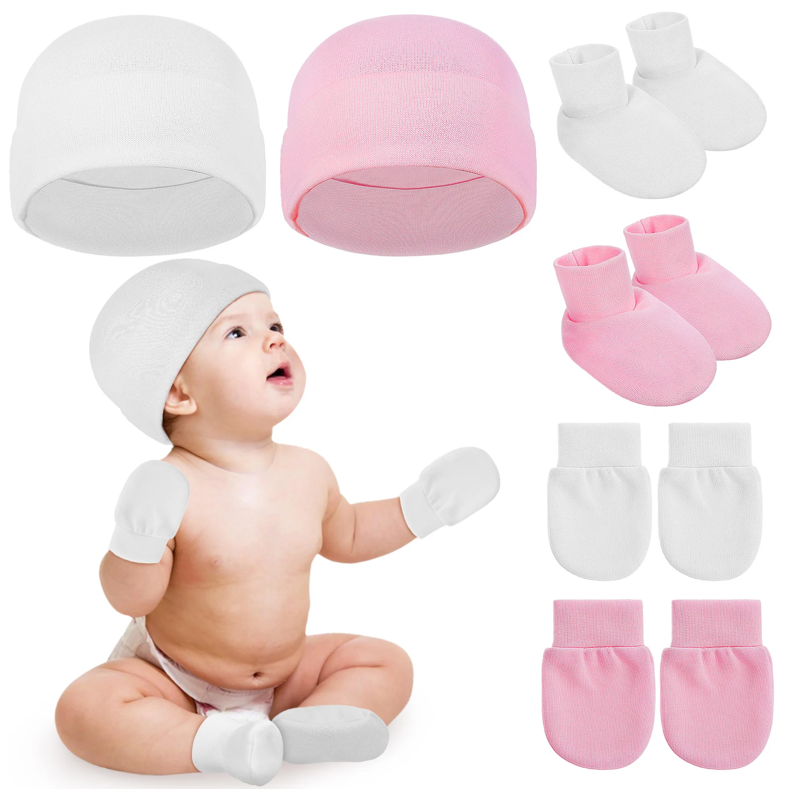 2 Sets Baby Hat Hand Foot Covers Newborn Hats Girl Gloves Toddler Clothing Mittens Cotton