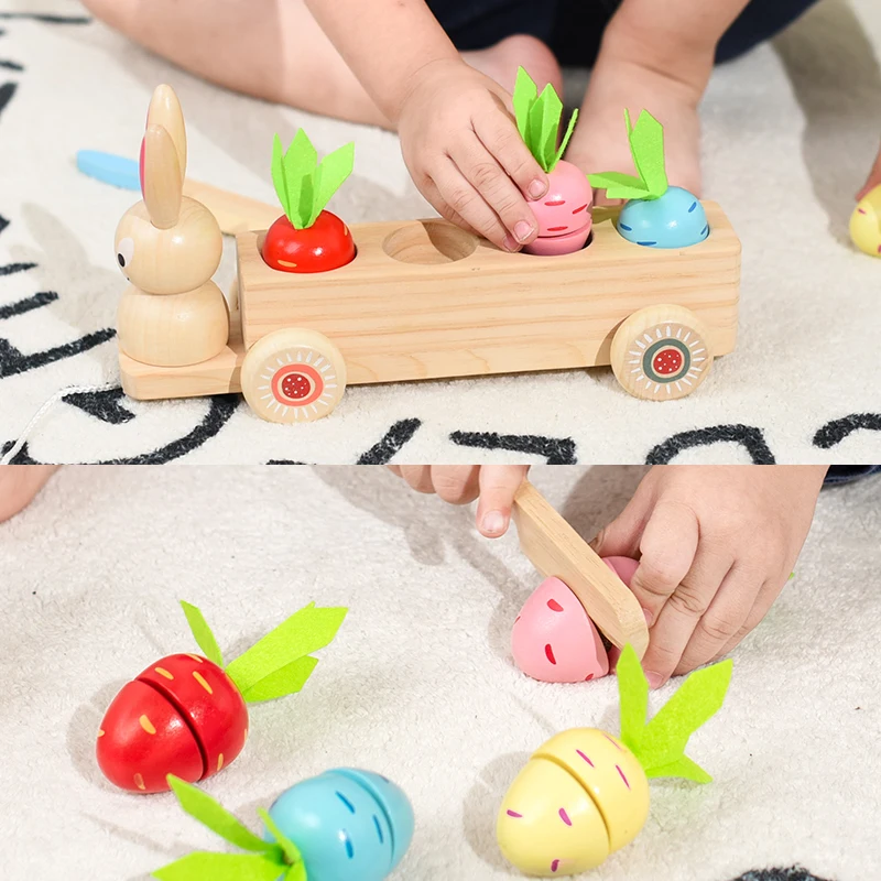 Voiture de traction de lapin en bois avec carottes extractibles, jouet carottes colorées peuvent être extractibles, les enfants se trouveront jouent avec la traction