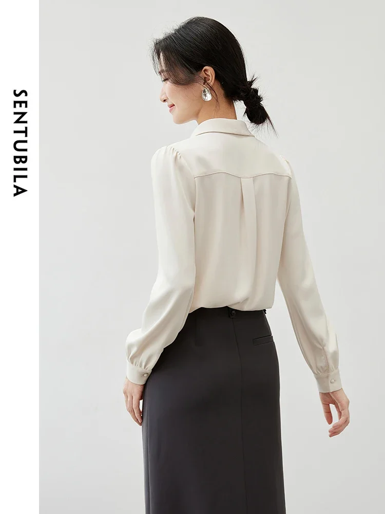SENTUBILA Texture Office Lady Shirt for Women 2025 Spring Turn Down Collar Fold Long Sleeve Basic Simple Casual Blouse 143C56824