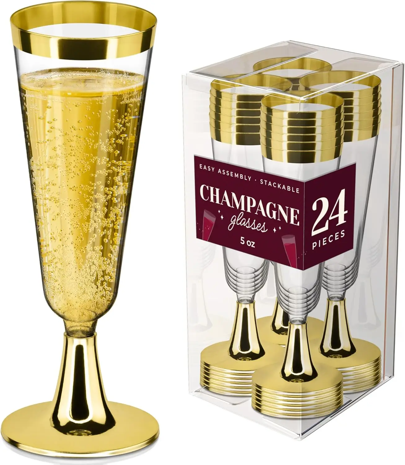 

24 упаковки пластиковых флейт для шампанского, 5 унций, без BPA, золотые, штабелируемые, многоразовые, идеально подходят для свадеб и вечеринок на открытом воздухе