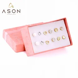 ASONSTEEL 여성용 라운드 스퀘어 큐빅 지르코니아 진주 스터드 귀걸이 세트, 골드 컬러 스테인레스 스틸, 보석 피어싱, 박스당 6 쌍