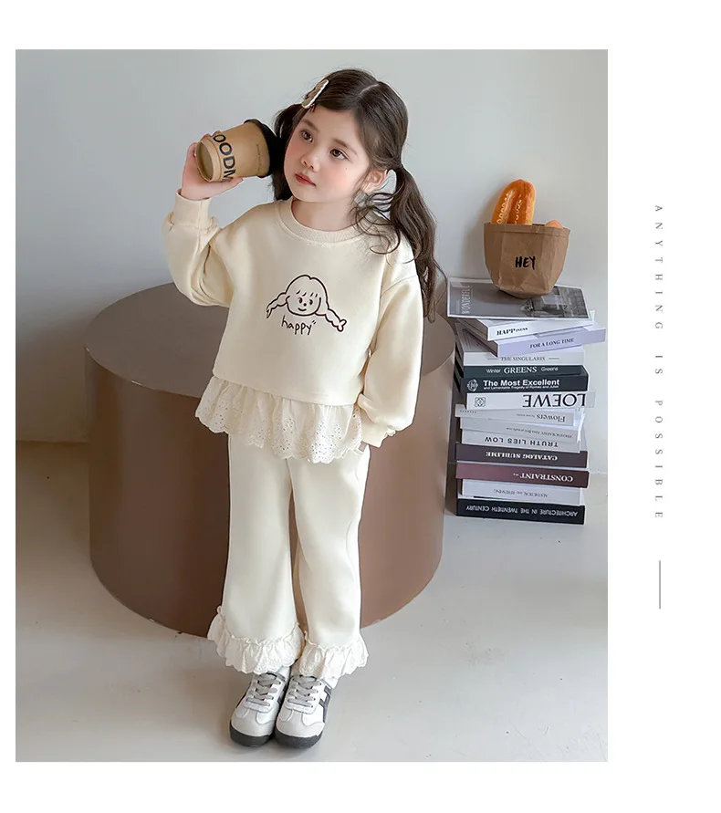 Neue Herbst-Kinderkleidung, süßes Sweatshirt-Outfit für Babymädchen, Spitze, lange Ärmel, Cartoon-Print-Oberteil + Hose, 2-teiliges Set – Detail 7